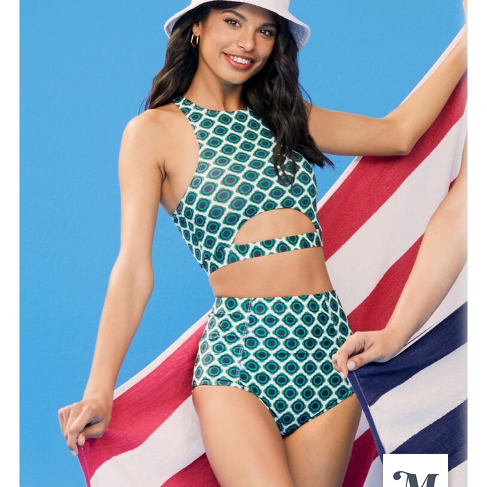 NWT ModCloth Green Fleurs High-Waisted Bikini